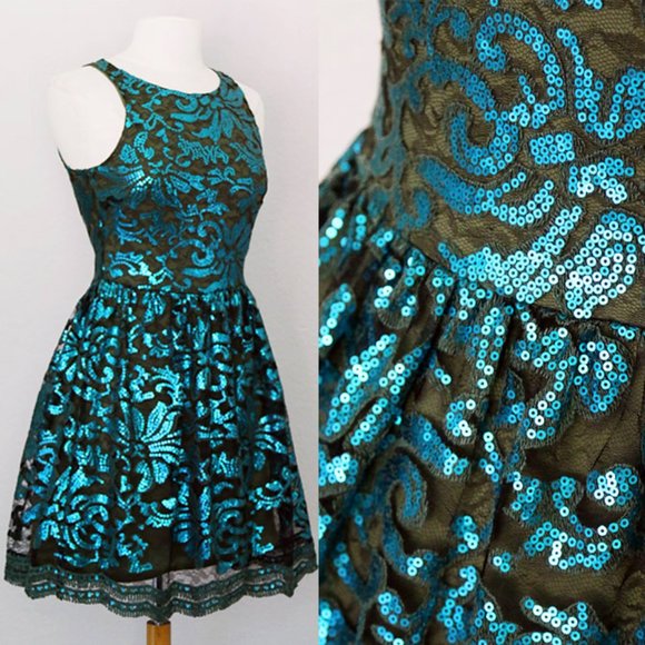 Freeway Dresses & Skirts - Teal Olive Green Sequin Crochet Scallop Lace Dress